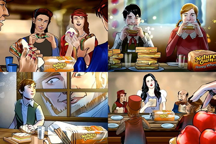 4 thumbnails of animatic ad concepts based on fairytale stories